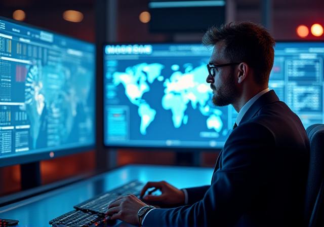 Logistics professional analyzing supply chain data on multiple monitors